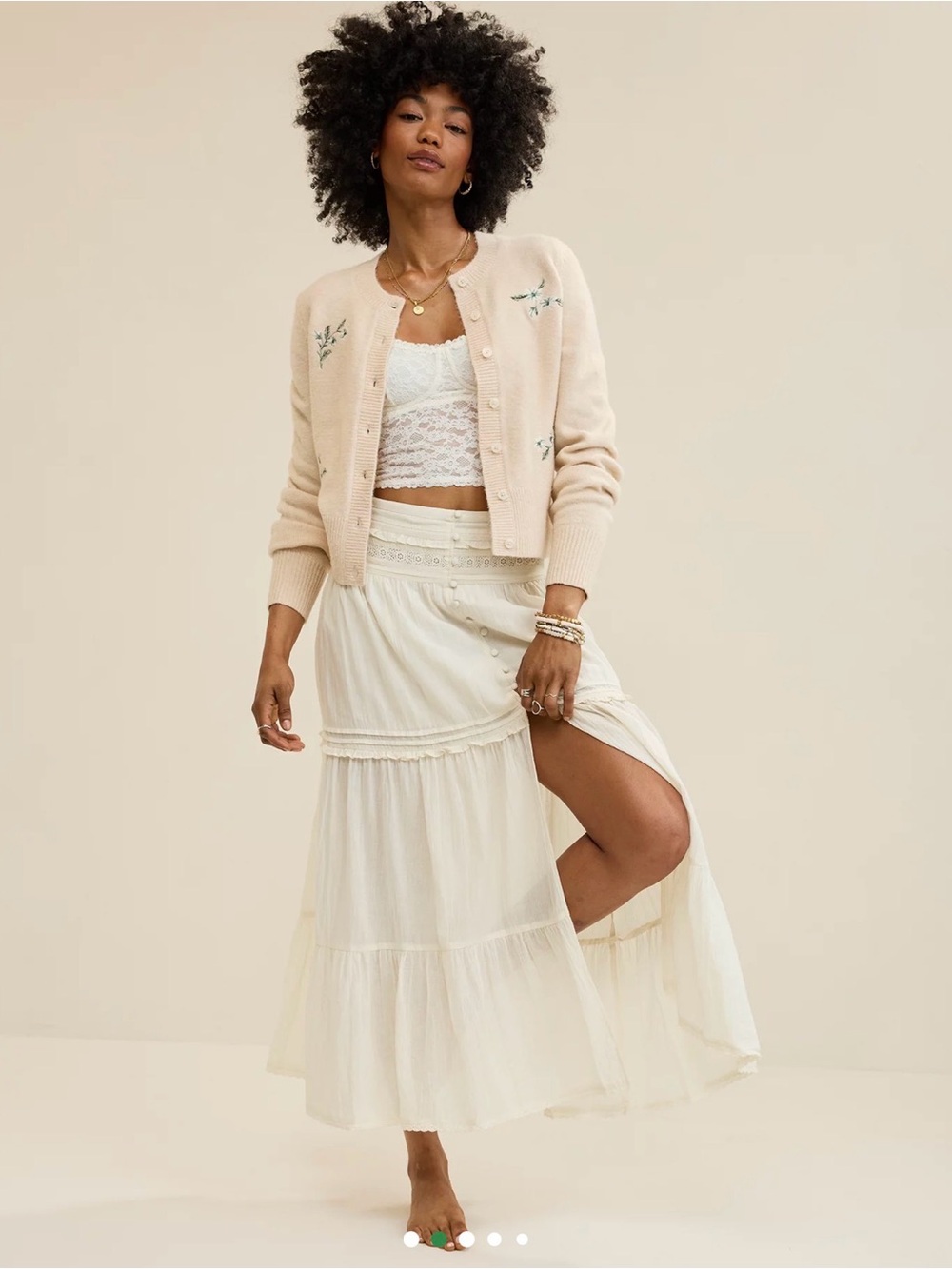 aerie Cream Button Boho Maxi Skirt with Front Slit